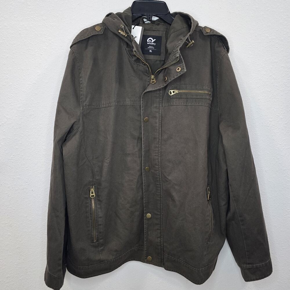 Whattry Men’s Utility Jacket XL Brown Hooded Military Field Coat Cargo Casual